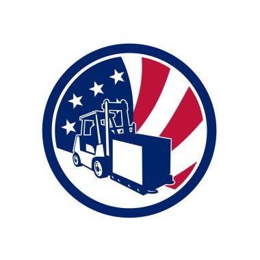 Simge retro tarzı bir Amerikan lojistik resmi işlemleri ile forklift kamyon ve Amerika Birleşik Devletleri ABD star spangled banner veya yıldız ve çizgiler içinde izole daire arka plan bayrak.