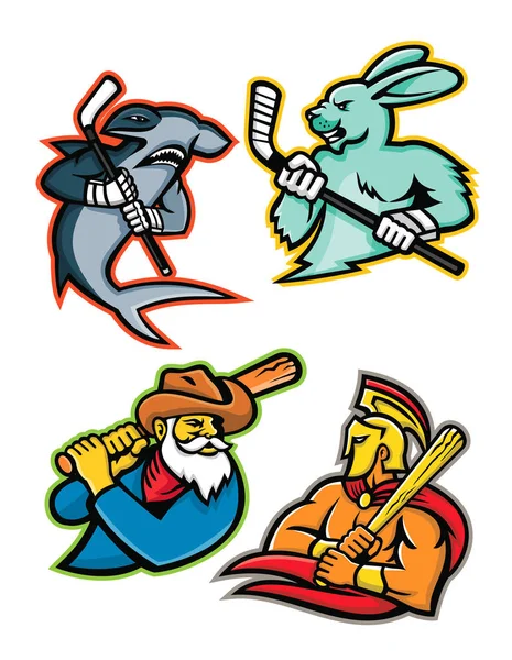 Conjunto Ilustraciones Iconos Mascotas Del Equipo Hockey Sobre Hielo Béisbol — Archivo Imágenes Vectoriales