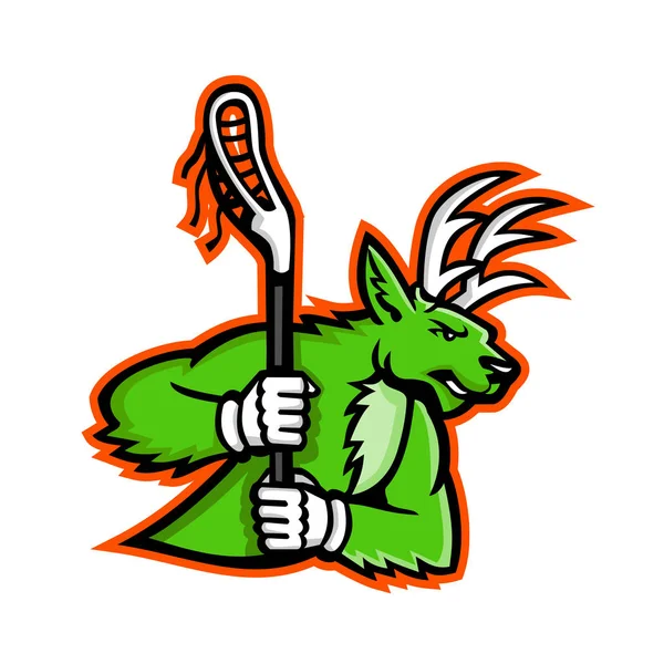 Ícone Mascote Ilustração Veado Buck Empunhando Pau Lacrosse Visto Lado —  Vetores de Stock