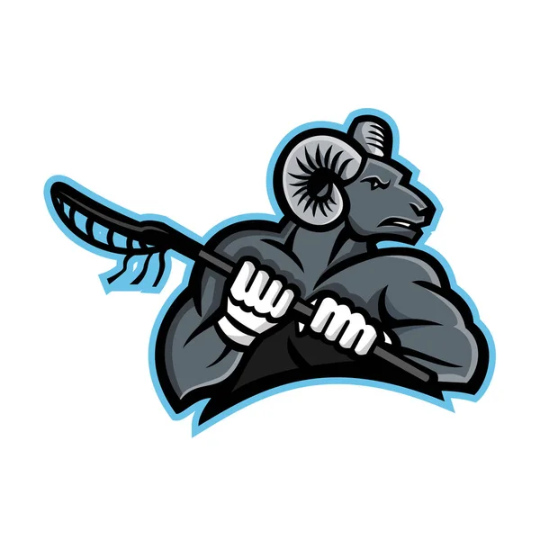 Mascot Icon Illustration Bighorn Ram Mountain Goat Sheep Holding Lacrosse Stock Illustration