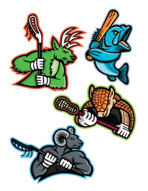 Mascot icon illustration set of  lacrosse and baseball sporting sports team mascots like  a stag deer, armadillo and bighorn ram, mountain goat lacrosse players and a largemouth bass baseball player on isolated background in retro style. clipart