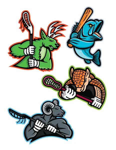 Icono Mascota Ilustración Conjunto Lacrosse Béisbol Deportes Mascotas Del Equipo — Vector de stock