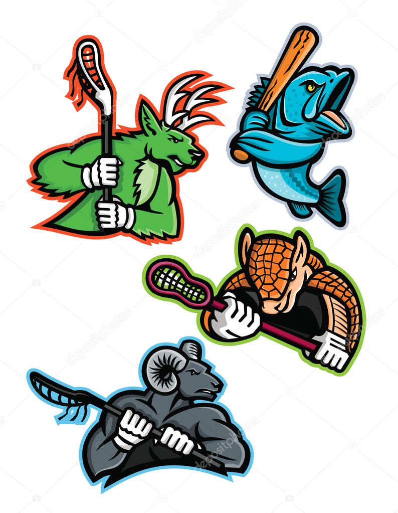 Mascot icon illustration set of  lacrosse and baseball sporting sports team mascots like  a stag deer, armadillo and bighorn ram, mountain goat lacrosse players and a largemouth bass baseball player on isolated background in retro style.