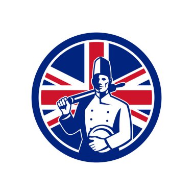 Bir İngiliz baker, Şef veya aşçı holding bir oklava ve plaka ile Birleşik Krallık İngiltere, Büyük Britanya'nın Birliği Jack bayrak izole arka plan üzerinde daire içinde Ayarla simgesini retro tarzı gösteren resim.