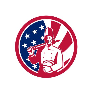 Simge retro bir Amerikalı şef resmi stil veya bir oklava tutarak yemek ve Amerika Birleşik Devletleri ABD star spangled banner yıldız ile plaka ve izole daire arka planda çizgili bayrak.