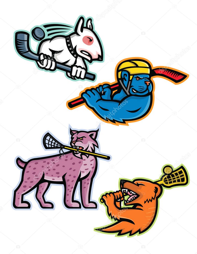 Mascot icon illustration set of  lacrosse and ice hockey sporting sports team mascots like an bull terrier and American bully dog ice hockey player, lynx or bobcat and mongoose lacrosse isolated background in retro style.