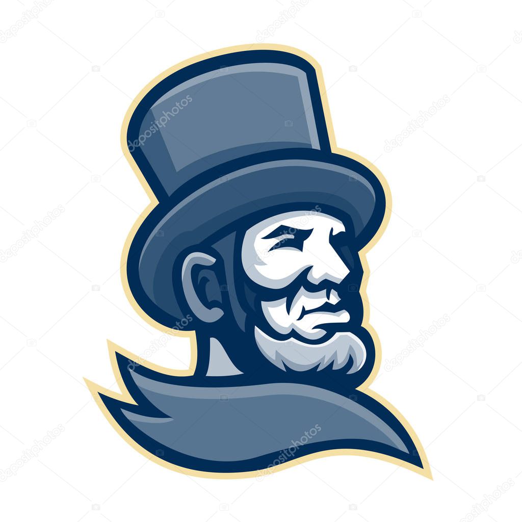 Mascot icon illustration of head of the 16th American president Abraham Lincoln wearing top hat or topper viewed from high angle on isolated background in retro style.