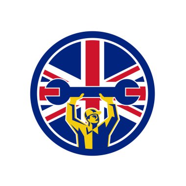 Simge retro tarzı tasarlamak bir İngiliz otomotiv mekanik anahtar İngiltere Birleşik Krallık, daire içinde izole arka plan ayarlamak Büyük Britanya'nın Birliği Jack bayrağı ile kaldırma.