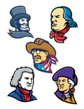 Maskot simge illüstrasyon seti Amerikan başkanları, vatansever, kahramanlar ve Abraham Lincoln, Benjamin Franklin, Theodore Roosevelt, Thomas Jefferson ve George Washington, retro tarzı izole arka plan üzerinde her bakıldığında gibi devlet başkanları.
