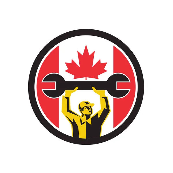 배경에 캐나다 메이플 플래그가 패너를 캐나다 자동차 정비공의 아이콘 복고풍 — 스톡 벡터