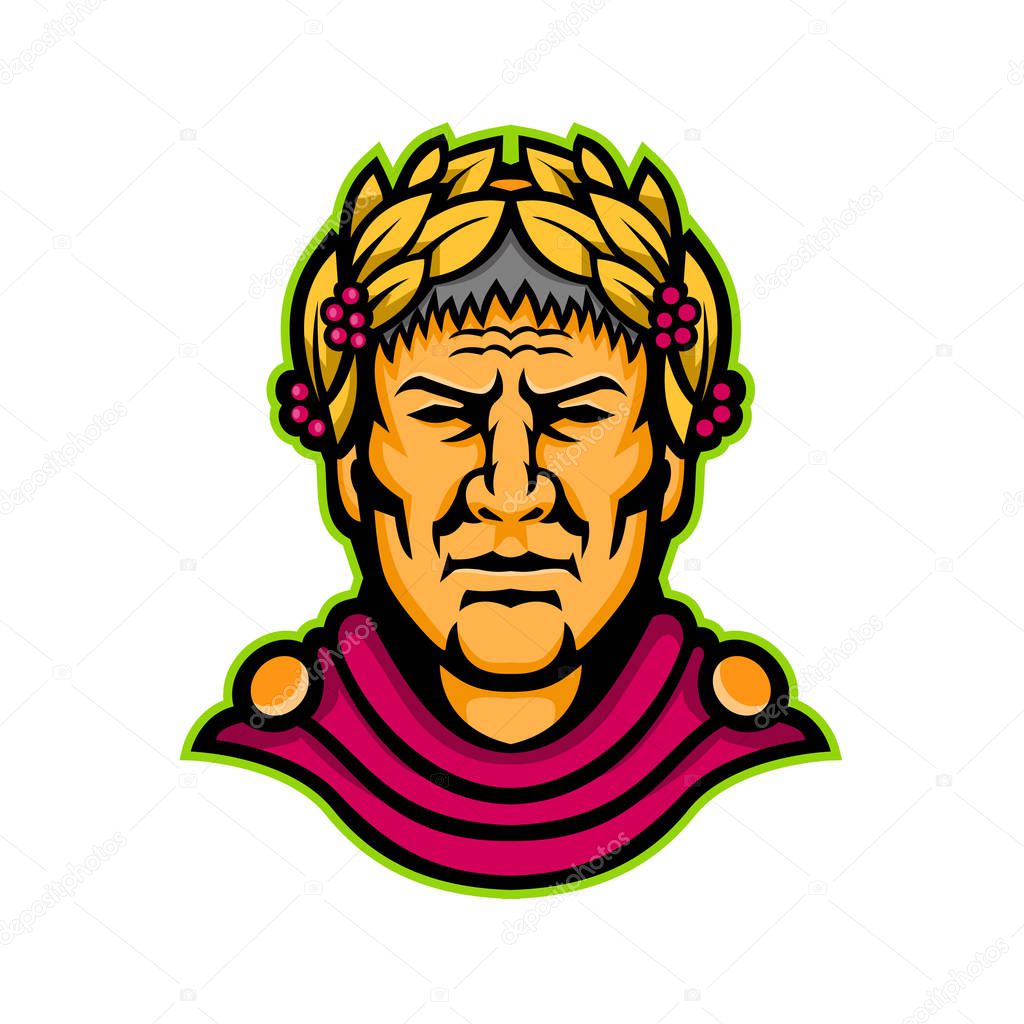 Mascot icon illustration of head of Gaius Julius Caesar, a Roman politician, military general and emperor of the Roman empire viewed from front on isolated background in retro style.