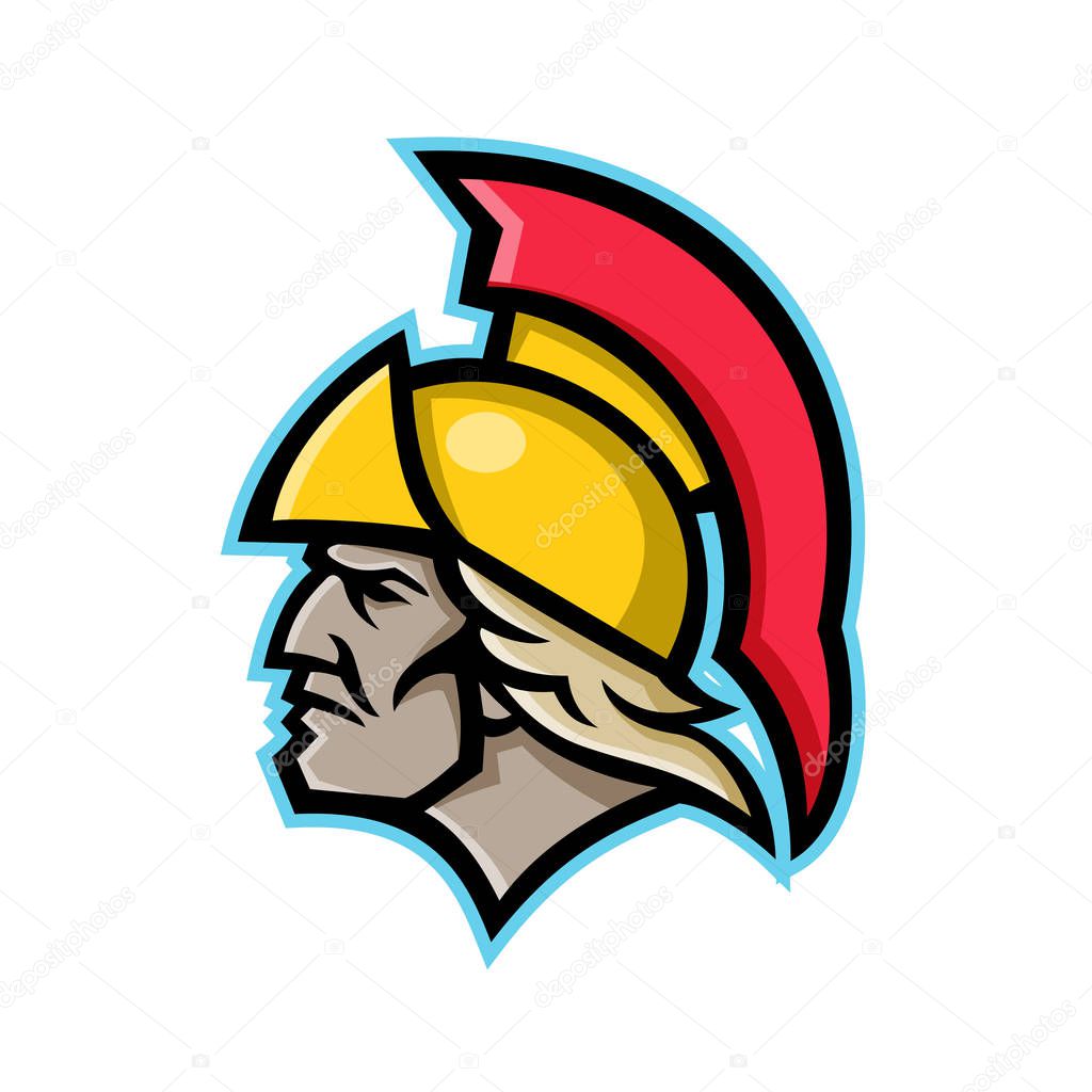 Mascot icon illustration of head of Achilles or Achilleus, a Greek hero of the Trojan War in Greek mythology wearing a helmet viewed from side on isolated background in retro style.