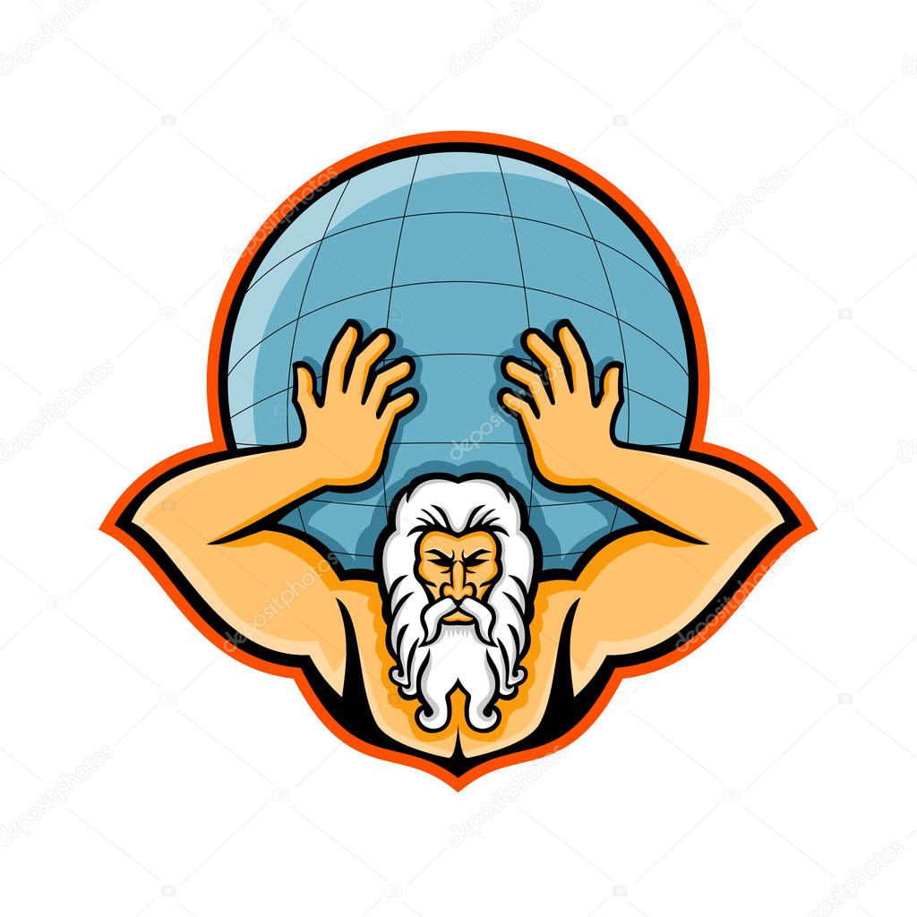 Mascot icon illustration of head of Atlas, a Titan in Greek god mythology holding up the world or globe the viewed from front  on isolated background in retro style.