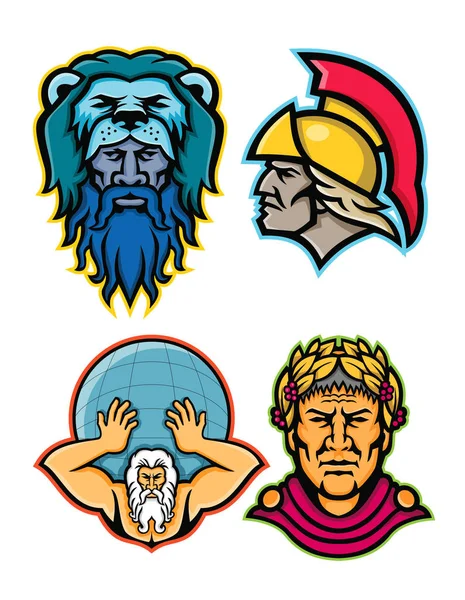Maskotka Ikona Ilustracja Zestaw Głowy Bohaterów Greckich Rzymskich Bogów Mitologii — Wektor stockowy