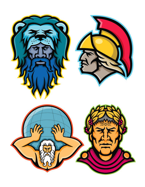 Mascot icon illustration set of heads of Roman and Greek heroes and gods in mythology  like Hercules or Heracles, Achilles or Achilleus, Atlas lifting globe and Gaius Julius Caesar  viewed from  on isolated background in retro style.