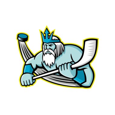 Mascot icon illustration of Poseidon or Neptune, god of the Sea in Greek and Roman mythology holding an ice hockey stick with puck viewed from front on isolated background in retro style.