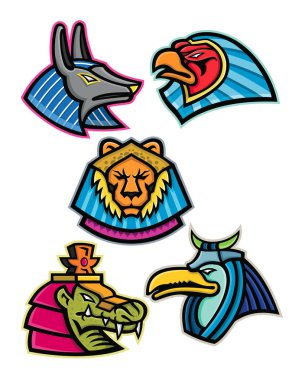 Maskot simge illüstrasyon seti Antik Mısır hayvan Tanrılar ya da izole arka planda retro tarzı tarafında her Anubis, Güneş tanrısı Ra, Sekhmet, Sobek ve Thoth bakıldığında gibi Tanrılar başkanları.
