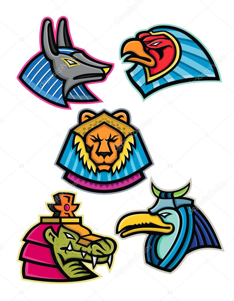 Mascot icon illustration set of heads of ancient Egyptian animal gods or deities like Anubis,sun god Ra, Sekhmet, Sobek and Thoth  viewed from side on isolated background in retro style.