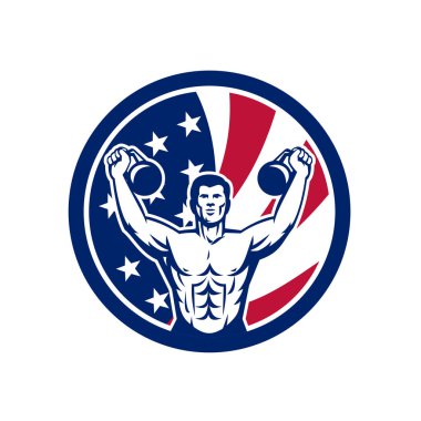 Simge retro tarzı tasarlamak kettlebell ve Amerika Birleşik Devletleri ABD yıldız ile bir Amerikan fiziksel fitness tutkunu eğitim afiş yıldız sanki ve çizgili bayrak izole arka plan daire.