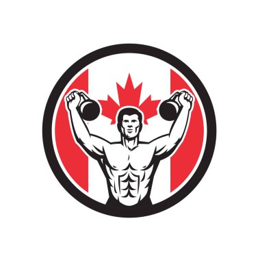 Simge retro tarzı tasarlamak Kanadalı bir fiziksel fitness tutkunu terbiye ile kettlebell ve Kanada akçaağaç yaprağı bayrak izole arka plan üzerinde daire içinde ayarla.