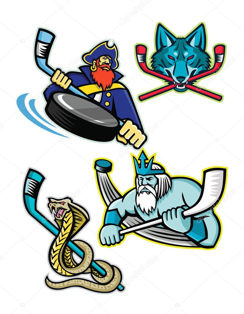 Mascot icon illustration set of ice hockey sports mascots such as Swashbuckler or Pirate, Gray Wolf or coyote, Poseidon or Neptune and a king cobra or hamadryad on isolated background in retro style.