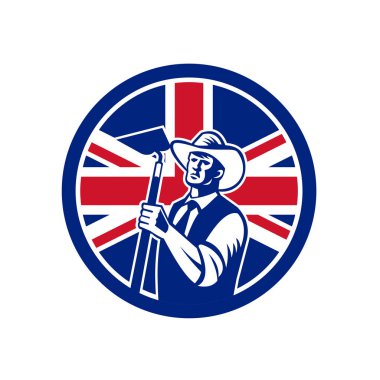 Simge retro tarzı tasarlamak kapmak çapa ile Birleşik Krallık İngiltere, Büyük Britanya'nın Birliği Jack bayrak izole arka plan üzerinde daire içinde ayarla tutan bir İngiliz organik çiftçi.