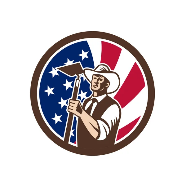 Icon Retro Style Illustration American Organic Farmer Holding Grab Hoe — Stock Vector