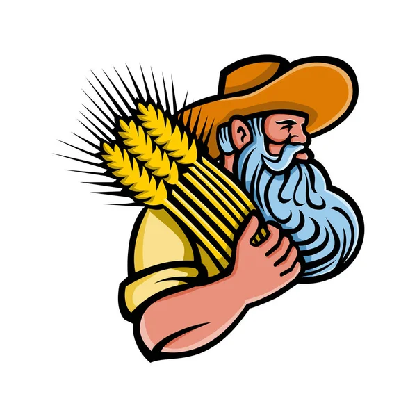 髭の側にレトロなスタイルで孤立した背景を乾燥の小麦の束を持って有機穀物農家の頭のマスコット アイコン イラスト — ストックベクタ