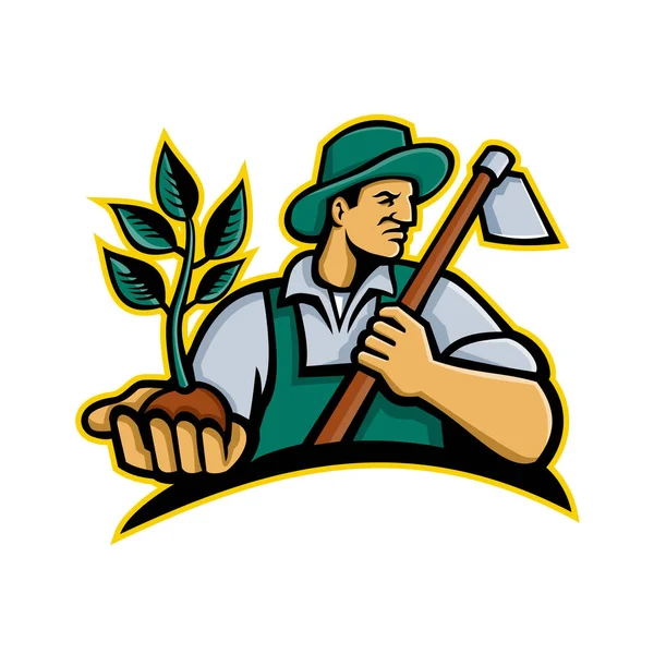 Icono Mascota Ilustración Agricultor Orgánico Con Sombrero Sosteniendo Una Planta — Archivo Imágenes Vectoriales