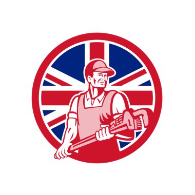 İngiliz tesisatçı ve İngiltere Birleşik Krallık, daire içinde izole arka plan ayarlamak Büyük Britanya'nın Birliği Jack bayrağı ile İngiliz anahtarı tutan gasfitter simgesi retro tarzı çizimi.