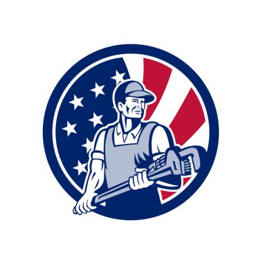 Başlık sayfası veya yıldız bir Amerikan tesisatçı ve Amerika Birleşik Devletleri ABD yıldız ile Pipefitter holding İngiliz anahtarı simgesini retro tarzı çizimi sanki ve çizgili bayrak izole arka plan daire.