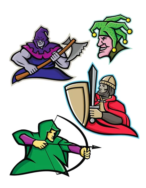 Illustrazione Dell Icona Della Mascotte Set Reali Personaggi Corte Medievali — Vettoriale Stock