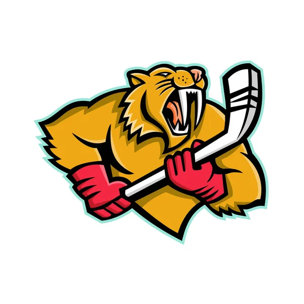 Maskot Ikona Ilustrace Poprsí Šavlozubé Kočky Smilodon Ice Hockey Stick — Stockový vektor