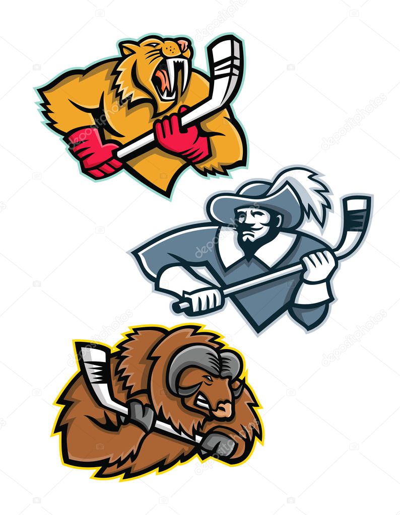 Mascot icon illustration set of ice hockey sporting mascots like the saber toothed tiger or sabre-toothed cat, musketeer or cavalier, musk ox or muskox holding an ice hockey stick  on isolated background in retro style.