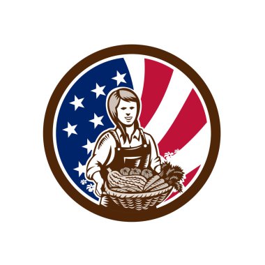 Afiş yıldız simgesini retro tarzı çizimi kırpma hasat Amerika Birleşik Devletleri ABD yıldız ile sunan bir Amerikalı kadın organik çiftçi sanki ve çizgili bayrak izole arka plan daire.