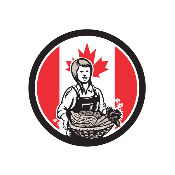Icon retro style illustration of a Canadian female organic farmer presenting crop harvest with Canada maple leaf flag set inside circle on isolated background.