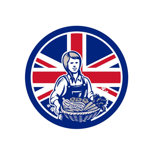 Illustration Style Rétro Une Agricultrice Biologique Britannique Présentant Récolte Avec — Image vectorielle