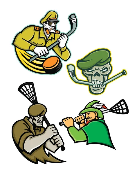 Icono Mascota Ilustración Conjunto Lacrosse Hielo Hockey Mascotas Militares Guerreros — Vector de stock