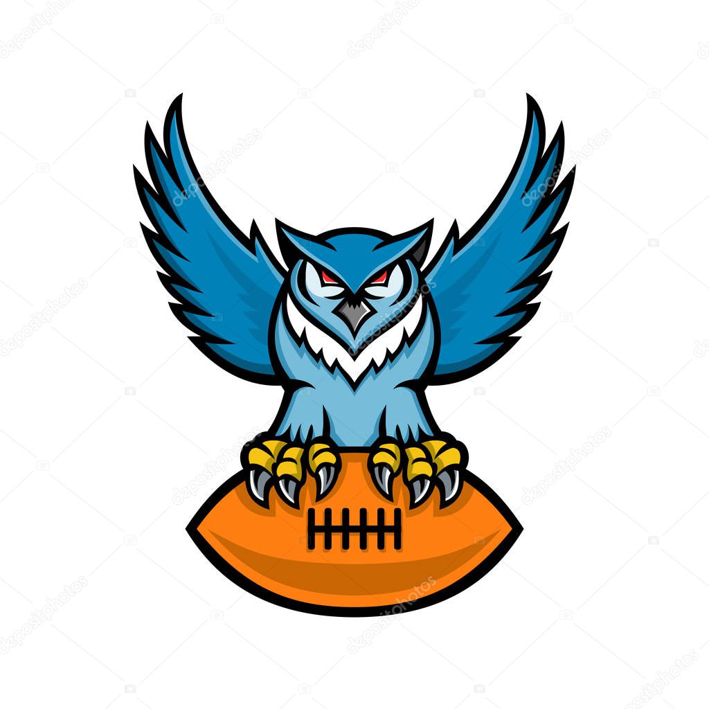 Mascot icon illustration of a great horned owl, tiger owl or hoot owl, a large owl native to the Americas, clutching an American football ball viewed from front on isolated background in retro style.
