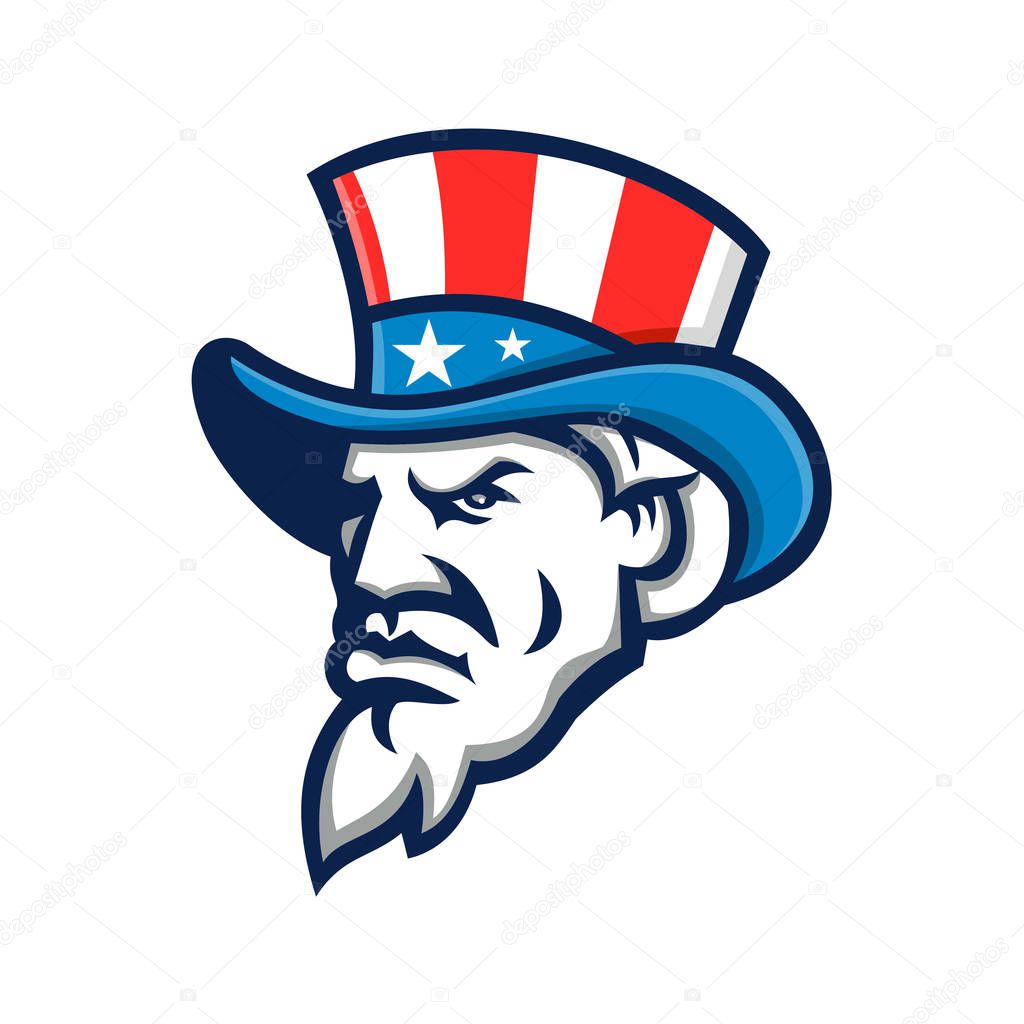 Mascot icon illustration of head of Uncle Sam wearing a top hat with USA  American stars and stripes viewed from side on isolated background in retro style.