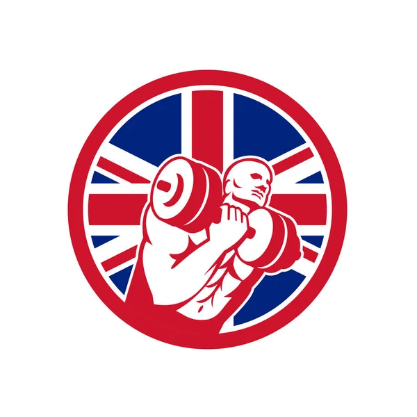 ダンベルを持ち上げ イギリス イギリス ユニオン ジャック フラグを孤立した背景に円の中に設定選手イギリス フィットネス ジム回路のアイコン レトロなスタイル イラスト — ストックベクタ