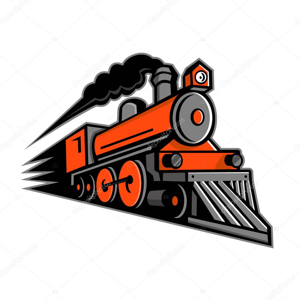 Mascot icon illustration of a vintage steam locomotive or train speeding in full speed coming up the viewer on isolated background in retro style.