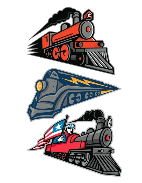 Ícone Mascote Ilustração Conjunto Locomotiva Vapor Vintage Trem Ferroviário Motor — Vetor de Stock