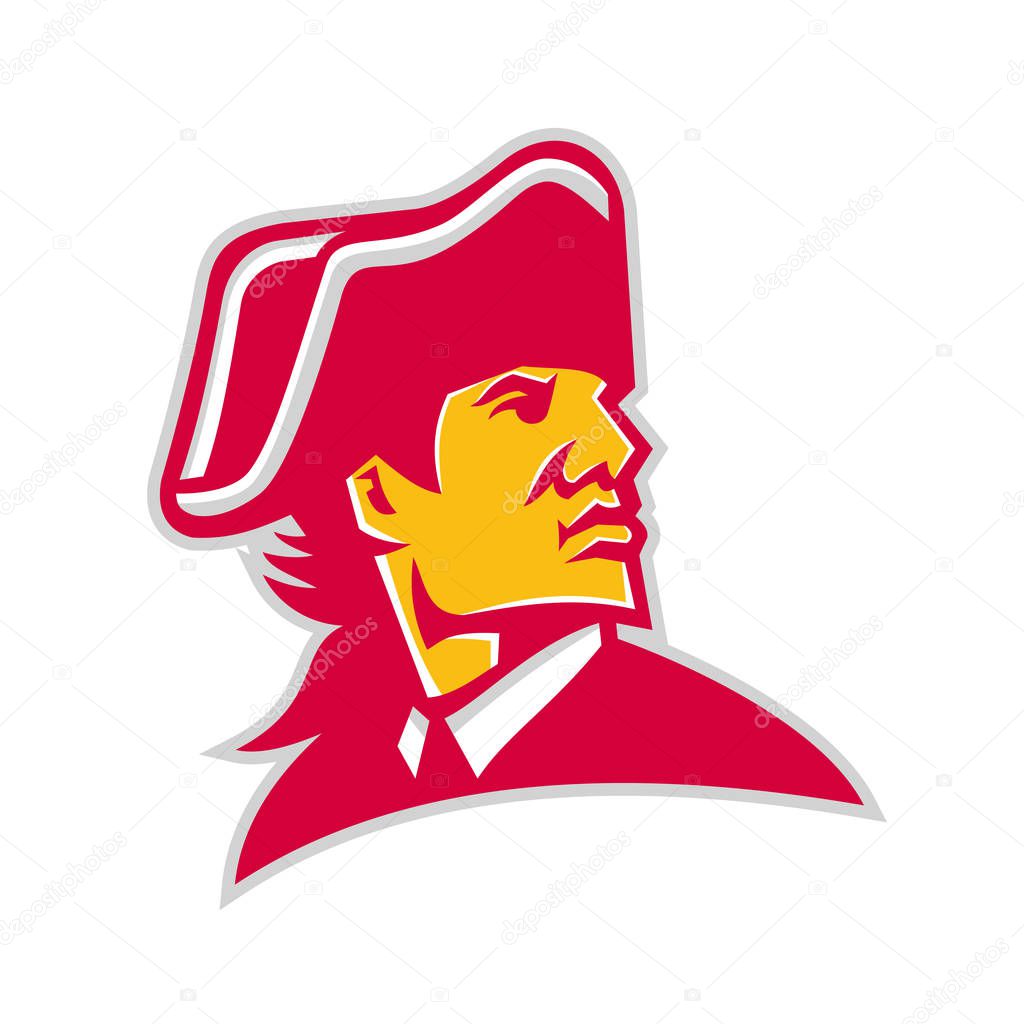 Mascot icon illustration of head of an American revolution military commander or general wearing tricorn hat looking to side on isolated background in retro style.