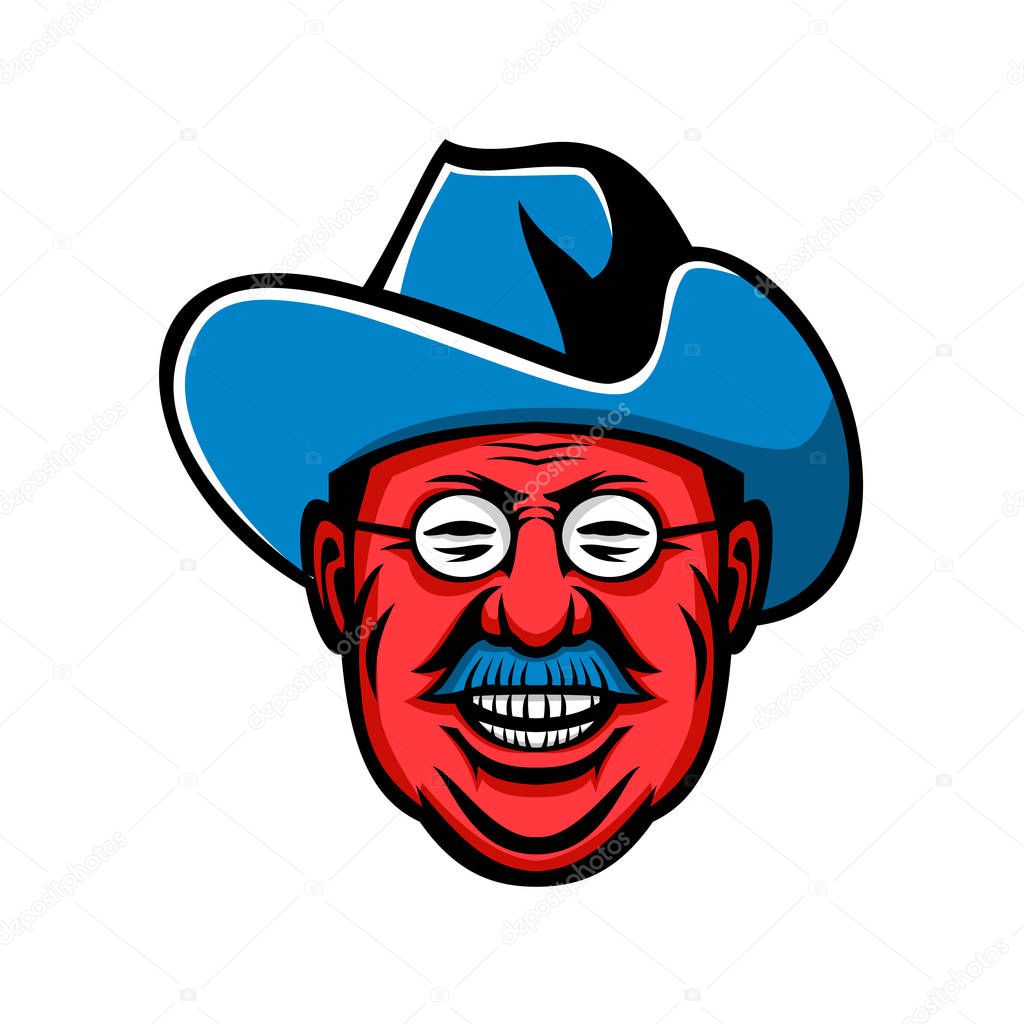 Mascot icon illustration of head of Theodore Roosevelt, American president and commander of Rough Riders viewed from front on isolated background in retro style.