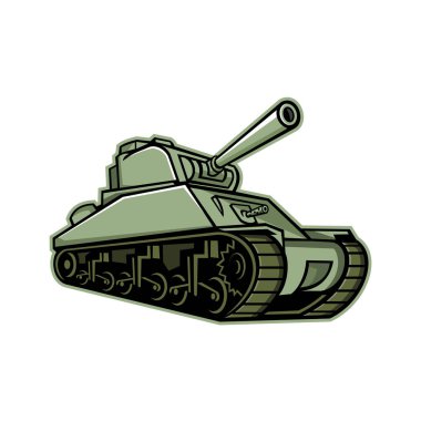 Maskot simge tasarlamak bir M4 Sherman, Amerika Birleşik Devletleri ve Dünya Savaşı'nda Batı müttefikleri tarafından en çok kullanılan orta tank izole arka planda retro tarzı üzerinde düşük bir açıdan görüntülendi?.