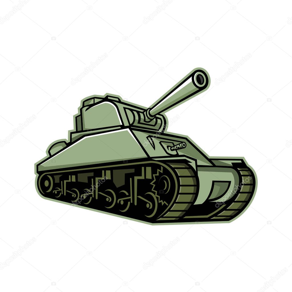 Mascot icon illustration of an M4 Sherman, the most widely used medium tank by the United States and Western Allies in World War II  viewed from a low angle on isolated background in retro style.
