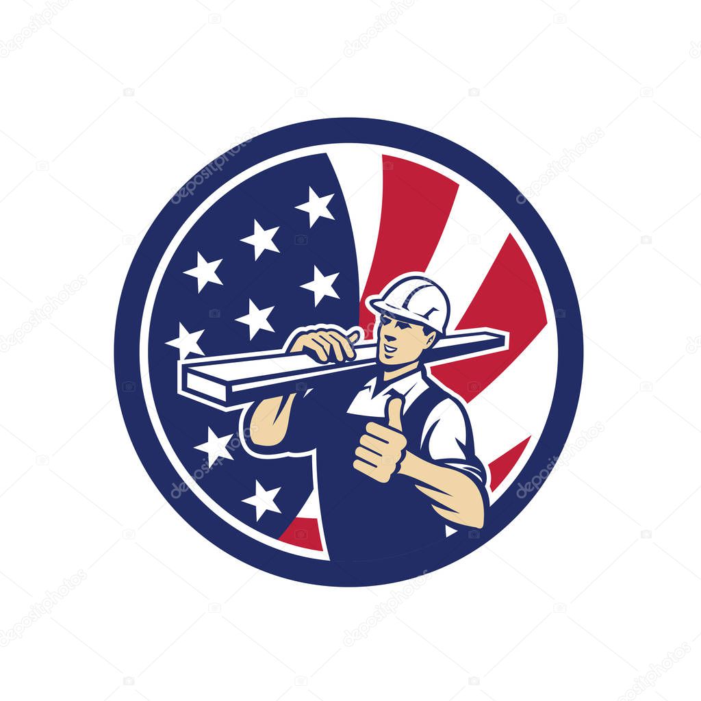 Icon retro style illustration of an American lumber yard or lumberyard worker thumbs up with United States of America USA star spangled banner or stars and stripes flag in circle isolated background.