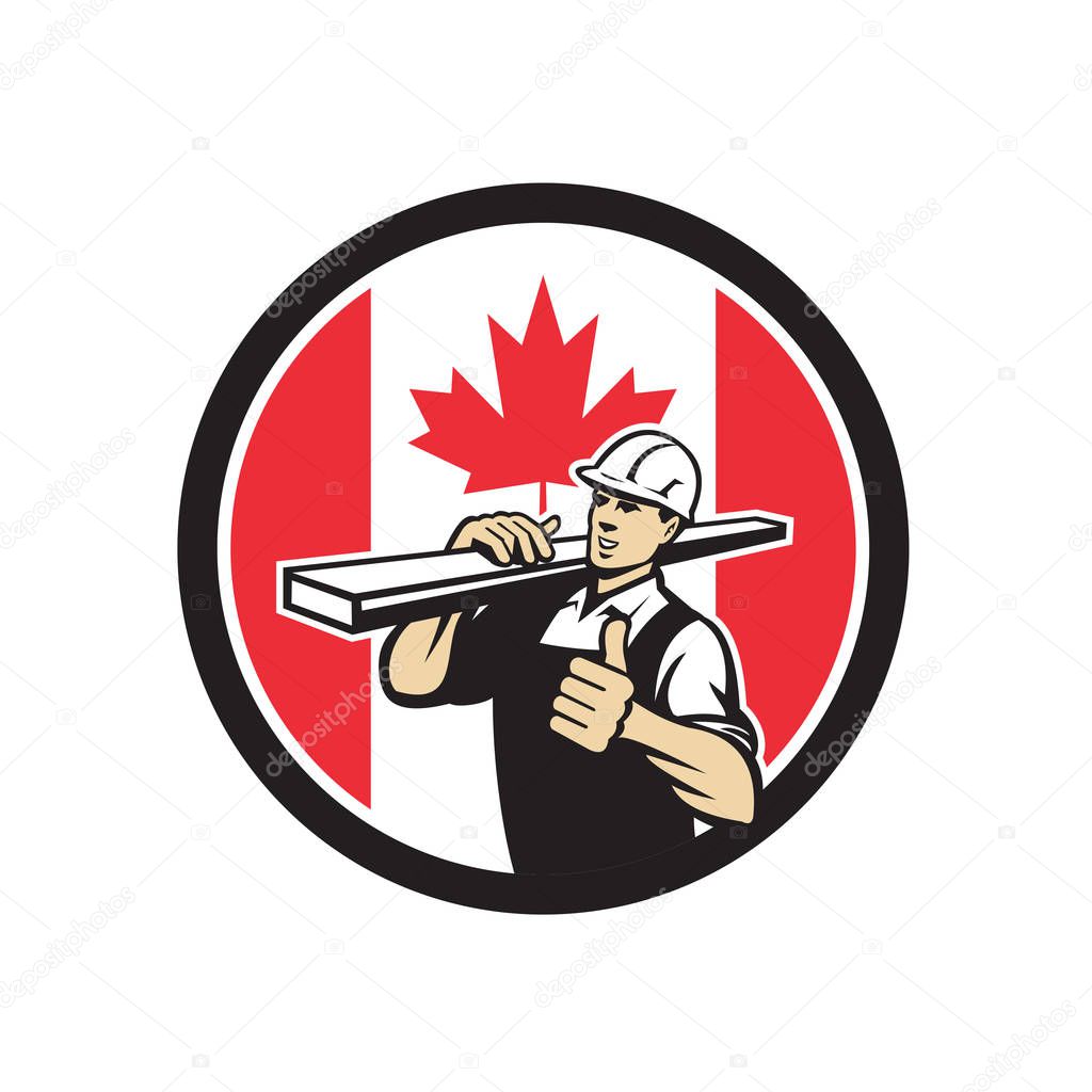 Icon retro style illustration of a Canadian lumber yard or lumberyard worker thumbs up with Canada maple leaf flag set inside circle on isolated background.