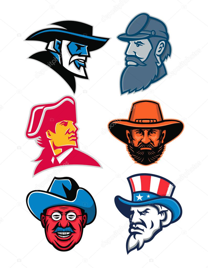 Mascot icon illustration set of heads of American Generals and Statesman like General Robert E Lee, General Stonewall Jackson, General Ulysses Simpson Grant, Theodore Roosevelt of the Rough Riders, an American revolution commander and Uncle Sam on is